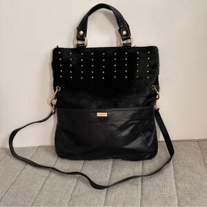 VTG Pulicati Black Leather Syntetic Animal Hair Tall Tote Foldable Bag Italy